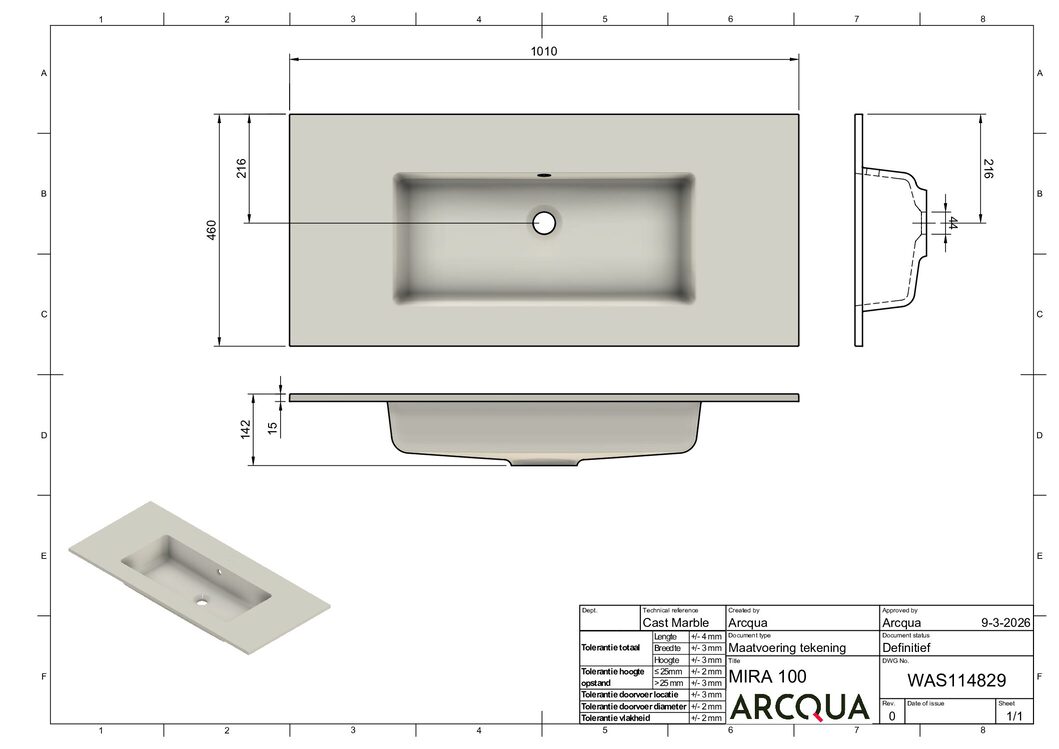 Mira 100 wastafel enkel zonder kraangat mat wit