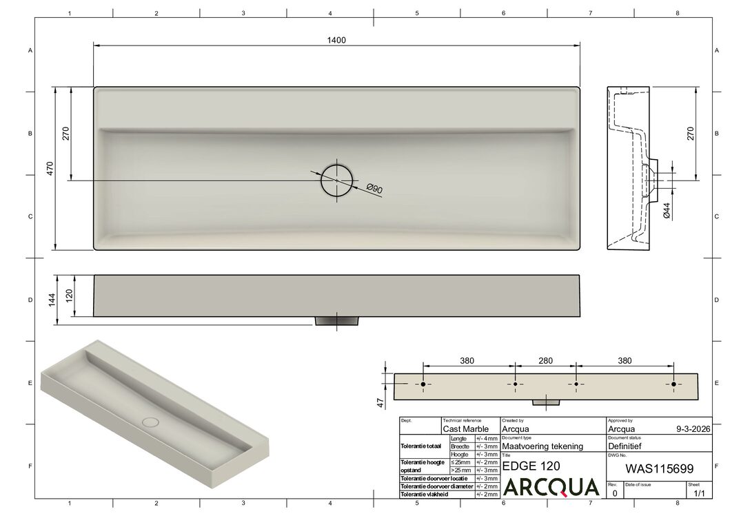 Edge 120 wastafel enkel zonder kraangat mat wit