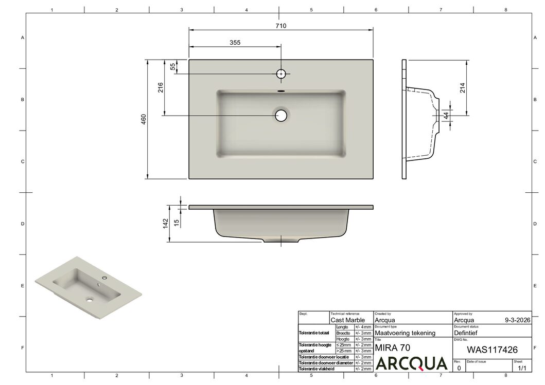 Mira 70 wastafel enkel 1 kraangat mat wit