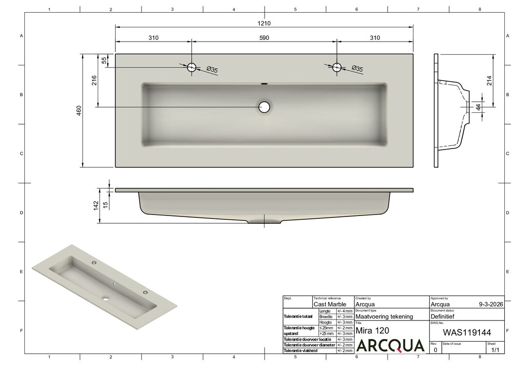 Mira 120 wastafel enkel 2 kraangaten mat wit